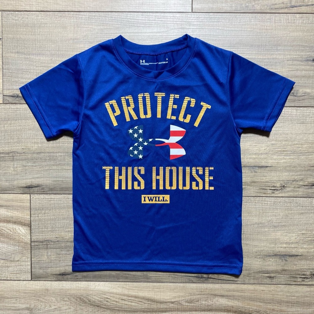 Under Armour Heat Gear Boys Protect This House Short Sleeve Shirt Size 5 Blue